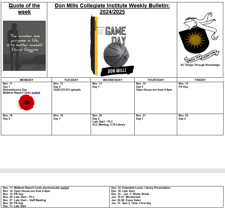 Nov 11 - Nov 22 Bulletin Calendar